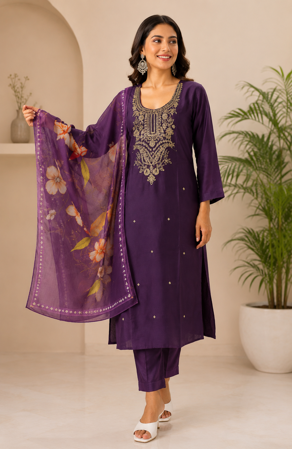 Women’s Purple Embroidered Kurta Pant Set with Floral Printed Dupatta