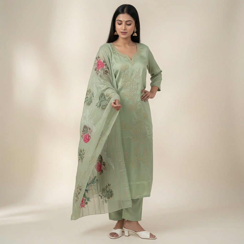 Pastel Blue Floral Embroidery Suit Set